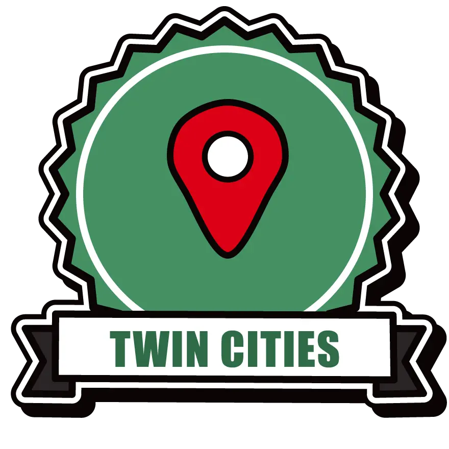 Twin Cities badge with a map pin