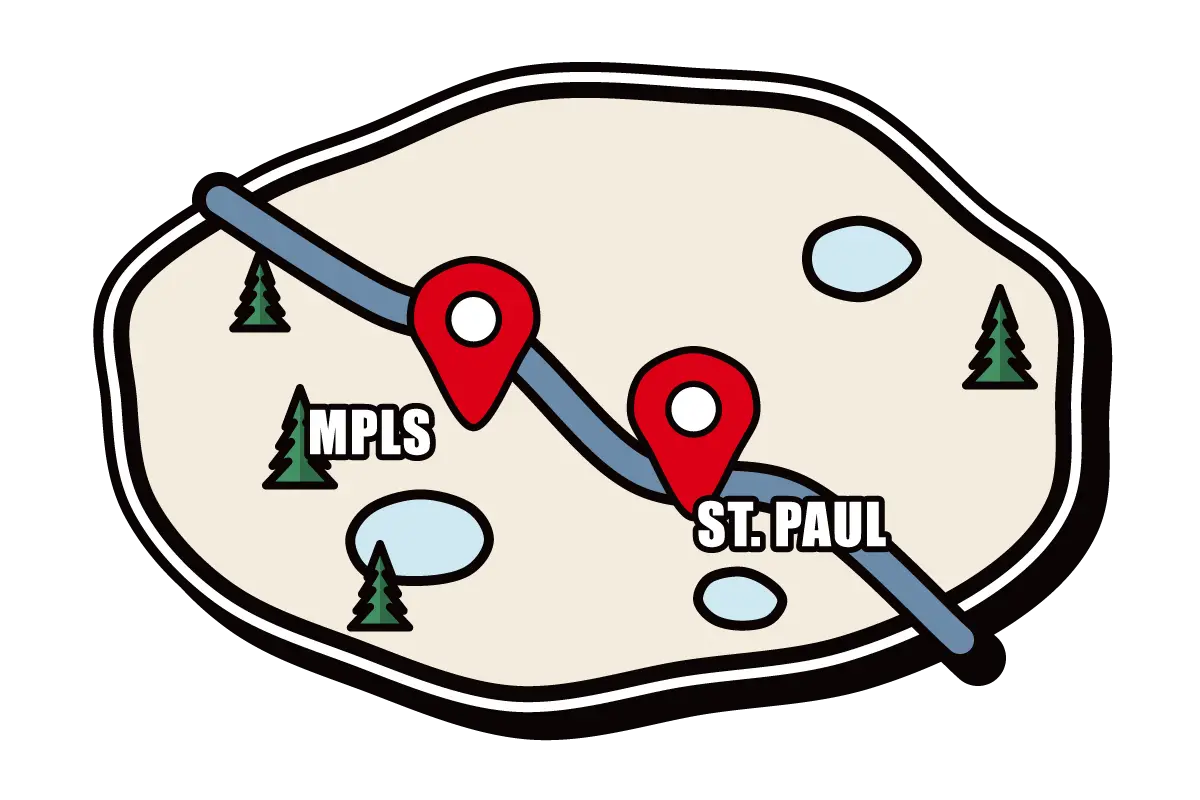 Illustrated map of the Twin Cities with pins on Minneapolis and St. Paul