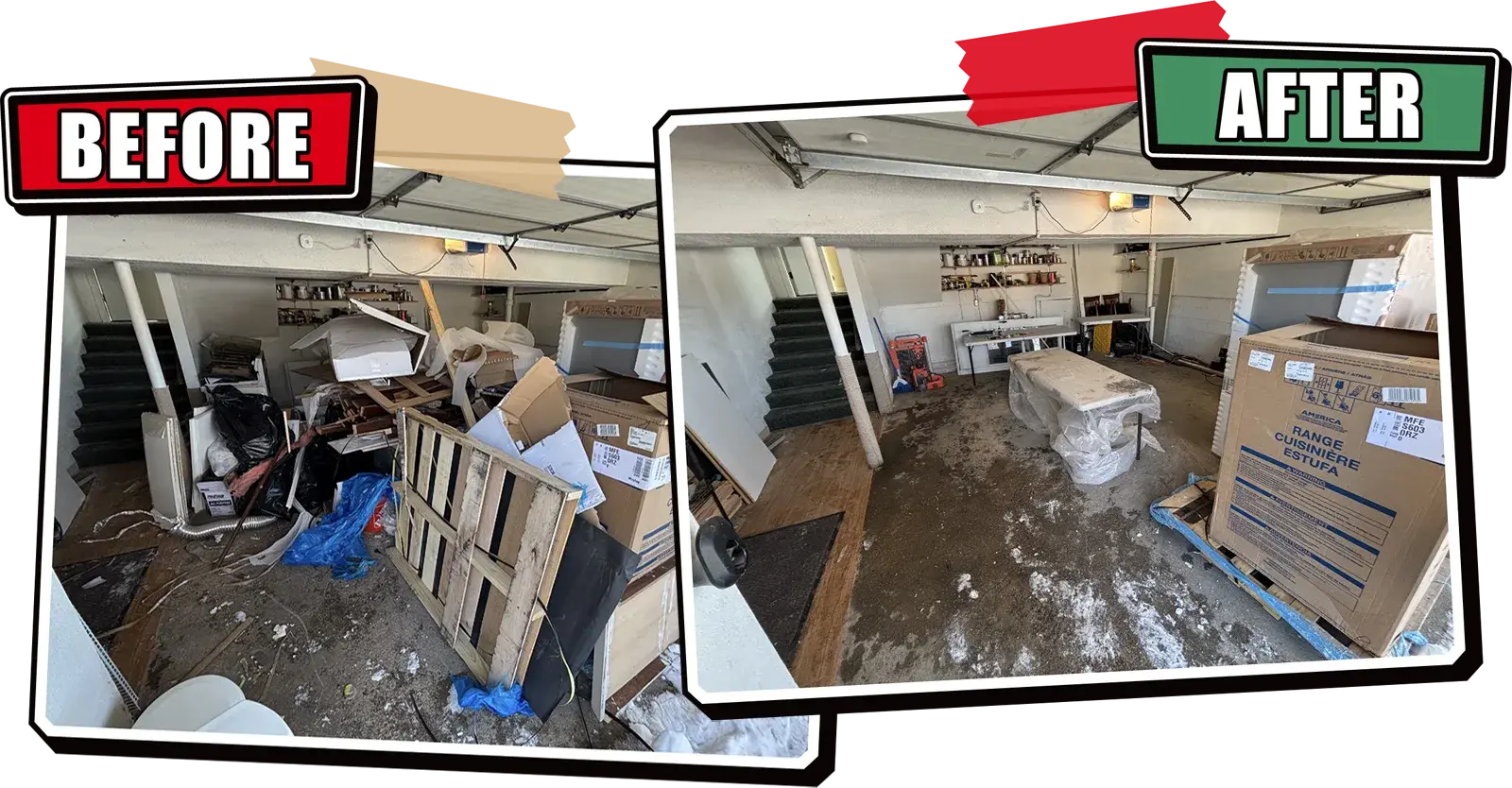 Before and after of a garage cleared of pallets, boxes and construction debris by Northland Junk