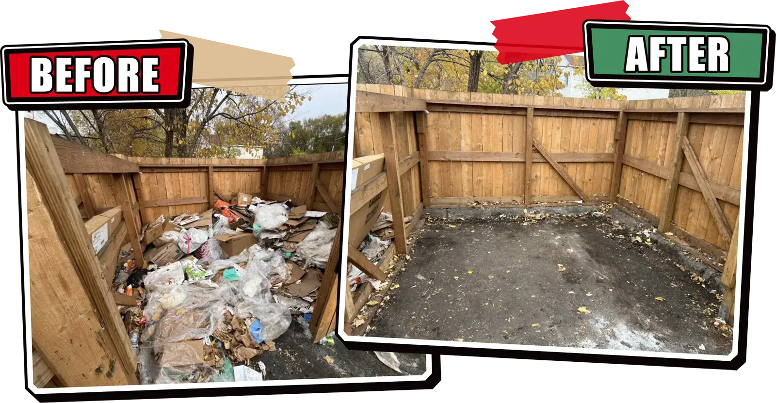 Before and after of a fenced trash enclosure emptied of cardboard and plastic by Northland Junk
